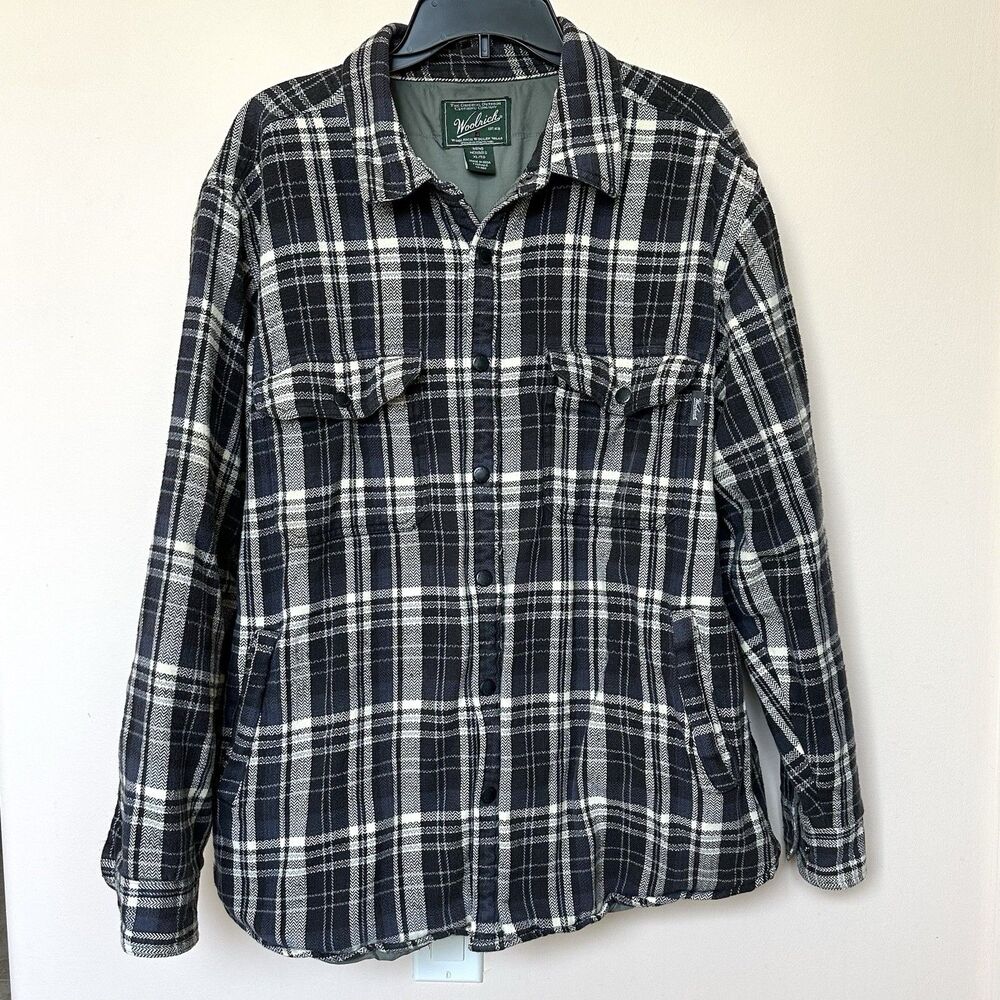 Woolrich Shacket Mens XL Tall Blue Blk Plaid Flannel Snap Jacket Outdoor Gorp